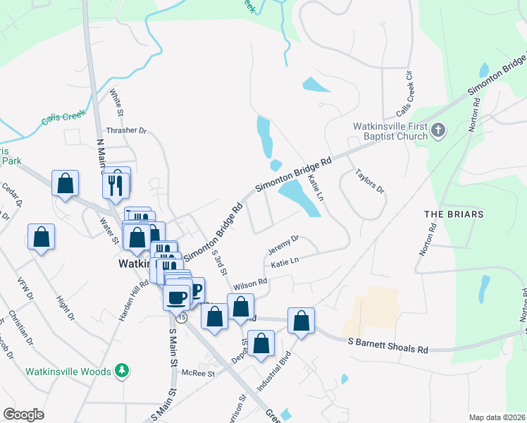 map of restaurants, bars, coffee shops, grocery stores, and more near 24 Spring Circle in Watkinsville