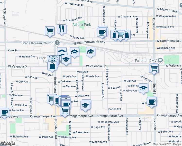 map of restaurants, bars, coffee shops, grocery stores, and more near 1484 West Avenue in Fullerton