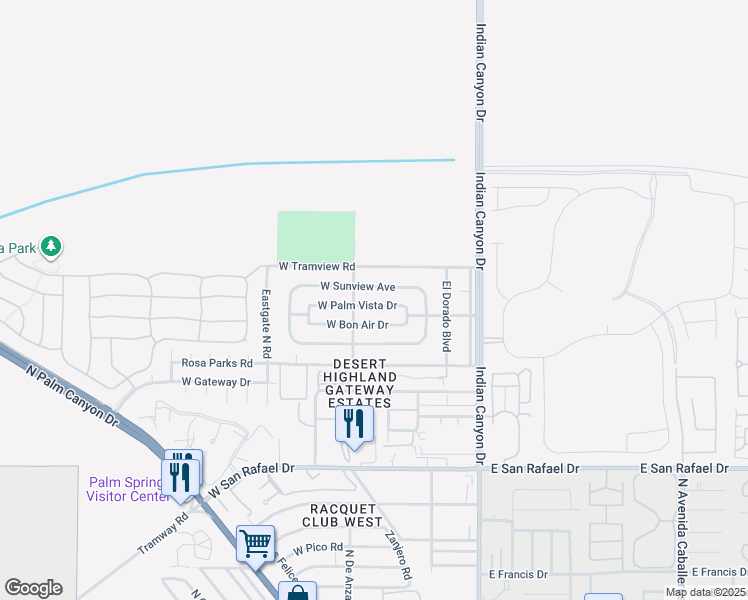 map of restaurants, bars, coffee shops, grocery stores, and more near 374 West Palm Vista Drive in Palm Springs