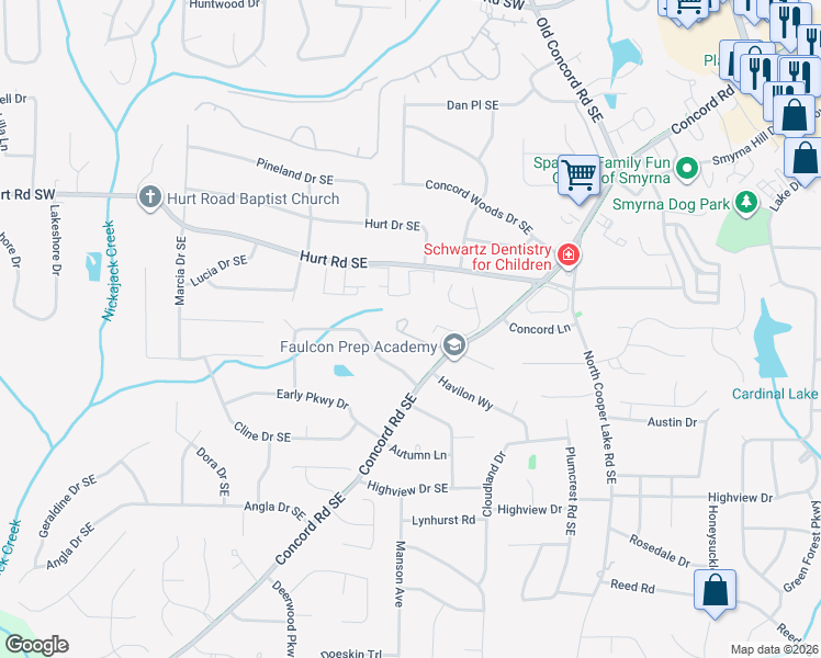 map of restaurants, bars, coffee shops, grocery stores, and more near 1616 Concord Meadows Drive Southeast in Smyrna