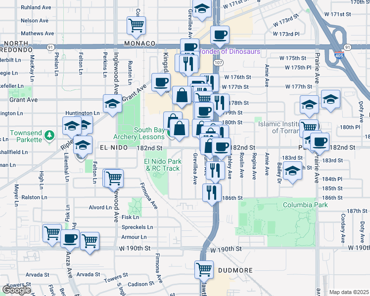 map of restaurants, bars, coffee shops, grocery stores, and more near Kingsdale Ave & E 182nd St in Redondo Beach