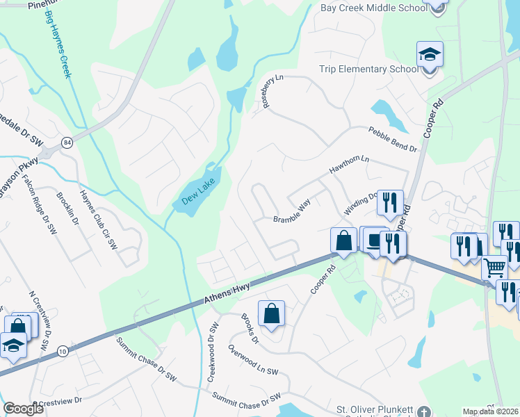 map of restaurants, bars, coffee shops, grocery stores, and more near 2552 Meadow Trace Drive in Grayson