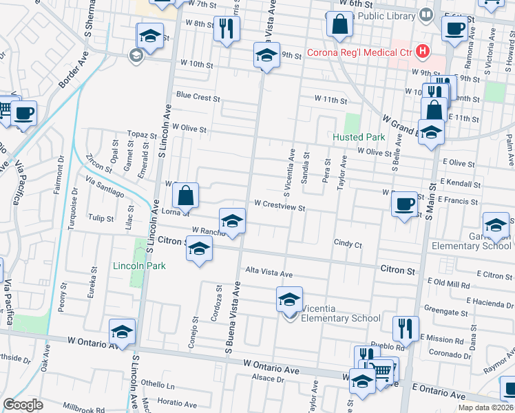 map of restaurants, bars, coffee shops, grocery stores, and more near 1644 Raleigh Circle in Corona