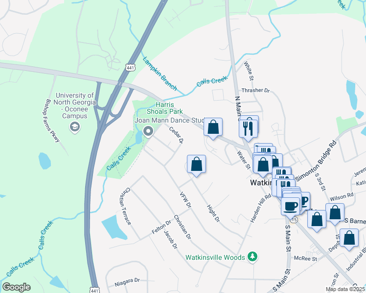 map of restaurants, bars, coffee shops, grocery stores, and more near 78 Cedar Drive in Watkinsville