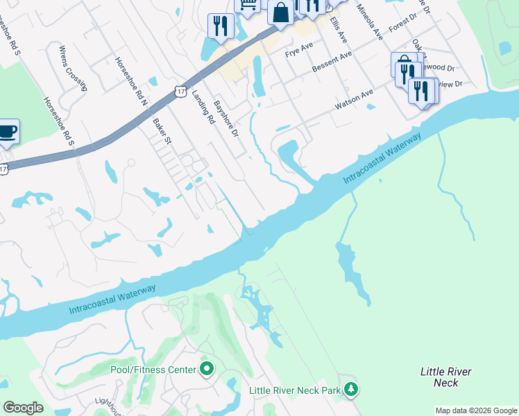 map of restaurants, bars, coffee shops, grocery stores, and more near 4537 Landing Road in Little River