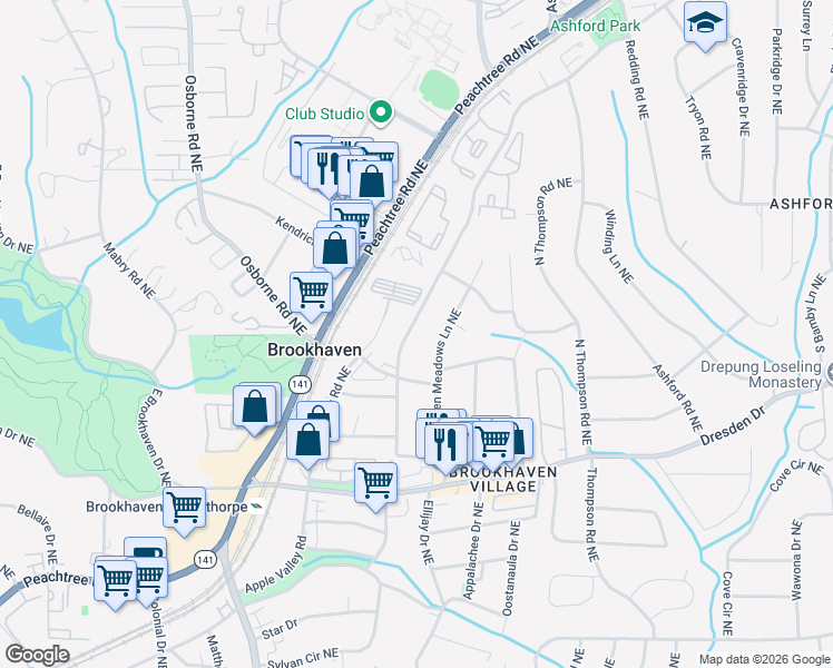 map of restaurants, bars, coffee shops, grocery stores, and more near 2697 Caldwell Road Northeast in Atlanta