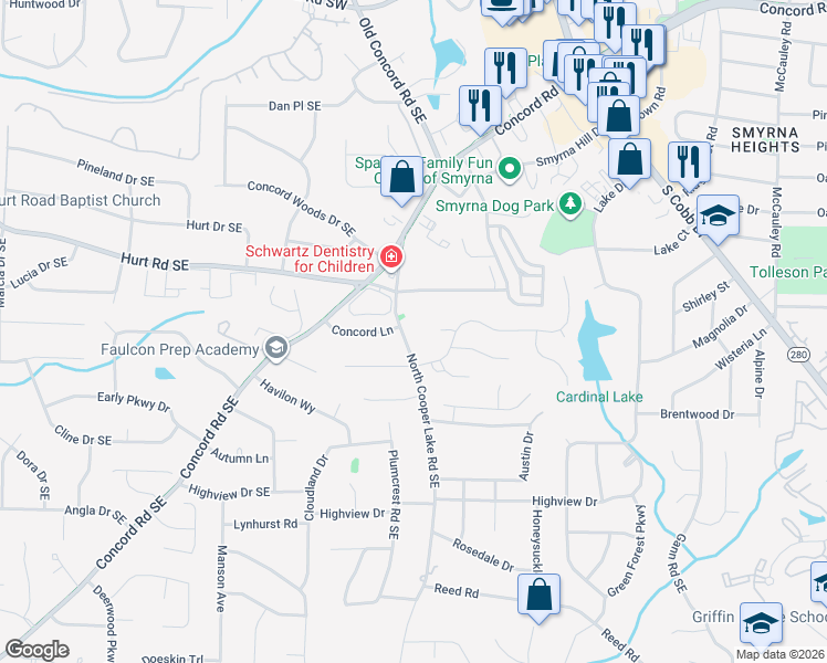 map of restaurants, bars, coffee shops, grocery stores, and more near 3635 North Cooper Lake Road Southeast in Smyrna