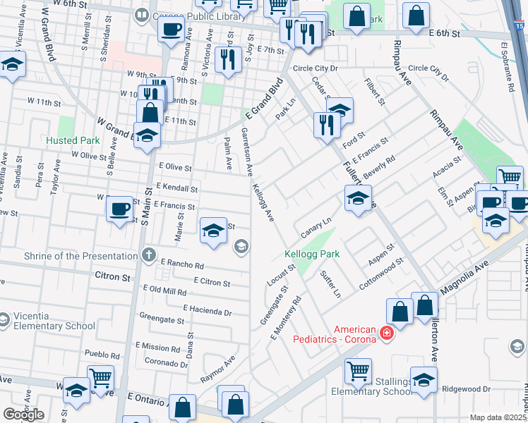 map of restaurants, bars, coffee shops, grocery stores, and more near 1416 Kellogg Avenue in Corona