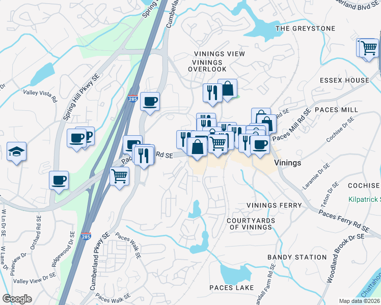 map of restaurants, bars, coffee shops, grocery stores, and more near 2735 Paces Ferry Road Southeast in Atlanta