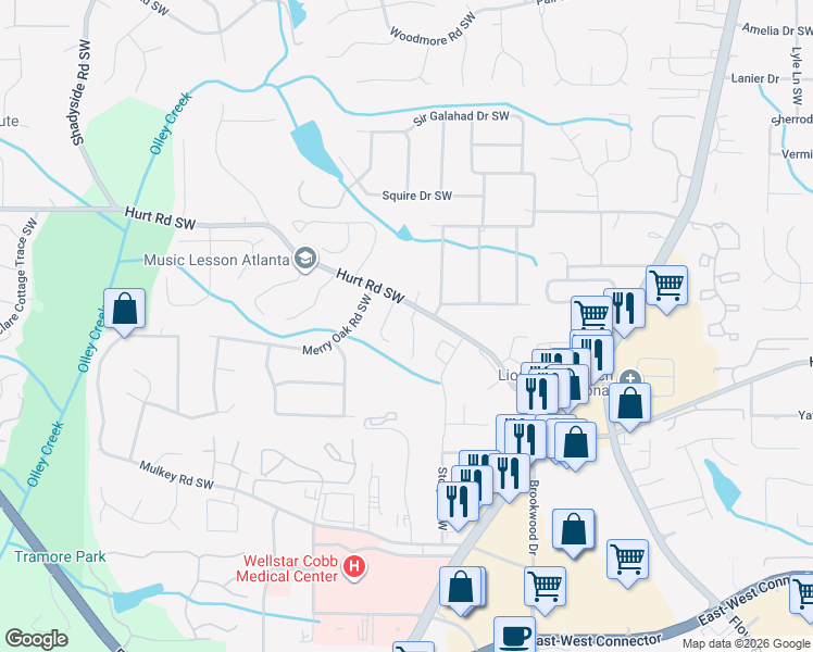 map of restaurants, bars, coffee shops, grocery stores, and more near 3604 Janna Lane Southwest in Marietta