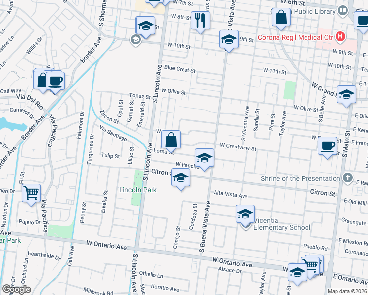 map of restaurants, bars, coffee shops, grocery stores, and more near 996 West Crestview Avenue in Corona