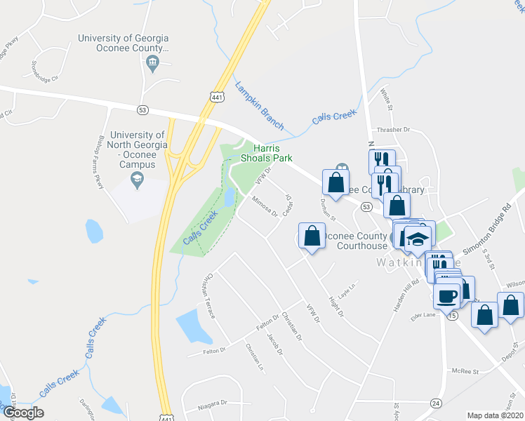 map of restaurants, bars, coffee shops, grocery stores, and more near 93 Mimosa Drive in Watkinsville