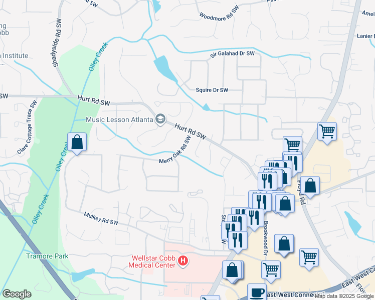 map of restaurants, bars, coffee shops, grocery stores, and more near 1729 Merry Oak Road Southwest in Marietta
