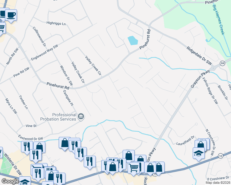 map of restaurants, bars, coffee shops, grocery stores, and more near 2357 Autumn Drive Southwest in Snellville