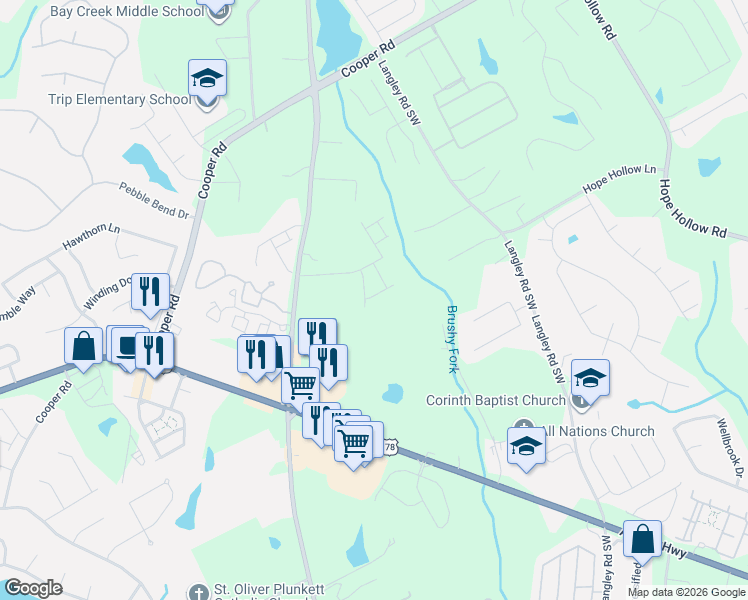 map of restaurants, bars, coffee shops, grocery stores, and more near 2882 Rosebud Road in Loganville