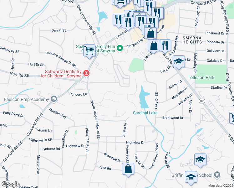 map of restaurants, bars, coffee shops, grocery stores, and more near 2216 Austin Lake Drive in Smyrna