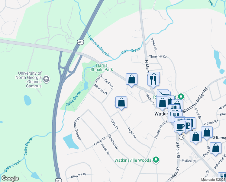 map of restaurants, bars, coffee shops, grocery stores, and more near 78 Cedar Drive in Watkinsville