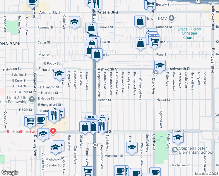 map of restaurants, bars, coffee shops, grocery stores, and more near 6049 Blackthorne Avenue in Lakewood