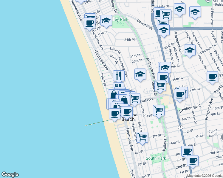 map of restaurants, bars, coffee shops, grocery stores, and more near 1690 Beach Drive in Hermosa Beach