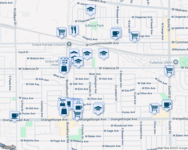 map of restaurants, bars, coffee shops, grocery stores, and more near 400 Pacific Drive in Fullerton