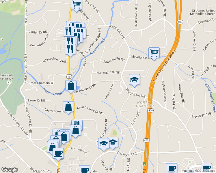 map of restaurants, bars, coffee shops, grocery stores, and more near 4044 Emma Lane Northeast in Atlanta