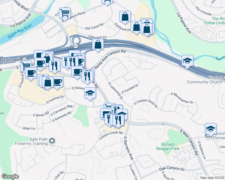 map of restaurants, bars, coffee shops, grocery stores, and more near 247 South Larkwood Street in Anaheim