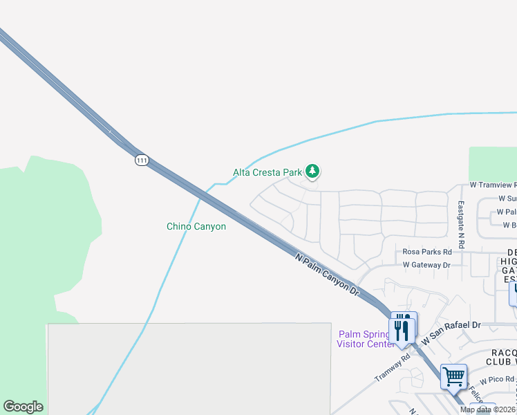 map of restaurants, bars, coffee shops, grocery stores, and more near 1311 Oro Ridge in Palm Springs