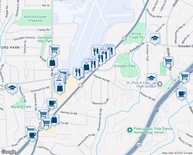 map of restaurants, bars, coffee shops, grocery stores, and more near 2128 Plaster Road Northeast in Atlanta