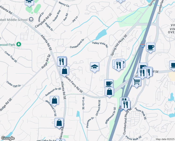 map of restaurants, bars, coffee shops, grocery stores, and more near 3673 Gatehurst Court Southeast in Smyrna