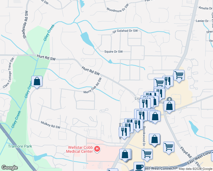 map of restaurants, bars, coffee shops, grocery stores, and more near 3602 Janna Lane Southwest in Marietta
