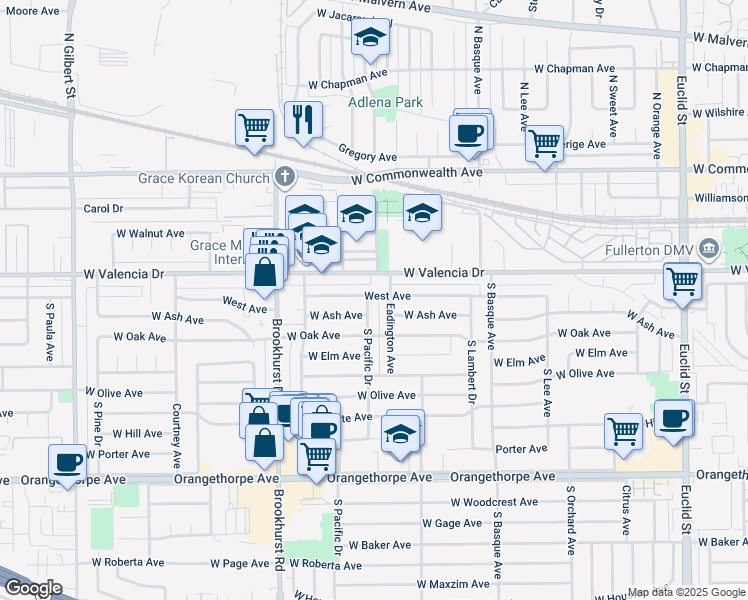 map of restaurants, bars, coffee shops, grocery stores, and more near 400 Pacific Drive in Fullerton