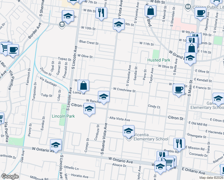 map of restaurants, bars, coffee shops, grocery stores, and more near 1649 South Buena Vista Avenue in Corona