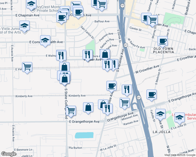 map of restaurants, bars, coffee shops, grocery stores, and more near 629 South Placentia Avenue in Fullerton
