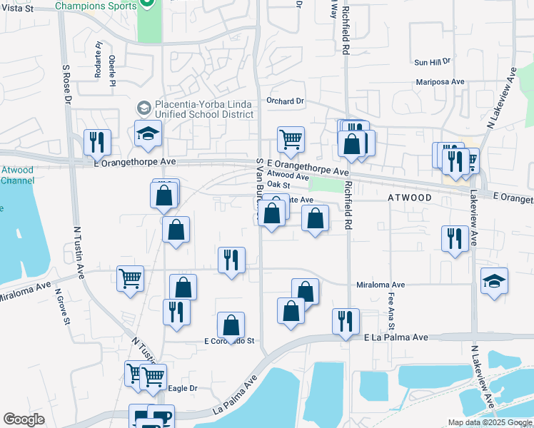 map of restaurants, bars, coffee shops, grocery stores, and more near 1604 La Paloma Avenue in Placentia