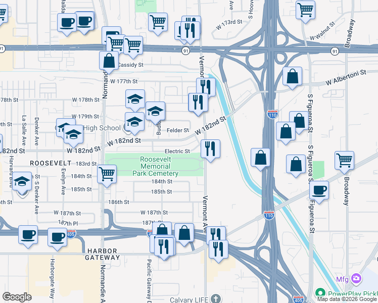 map of restaurants, bars, coffee shops, grocery stores, and more near 1123 Electric Street in Gardena