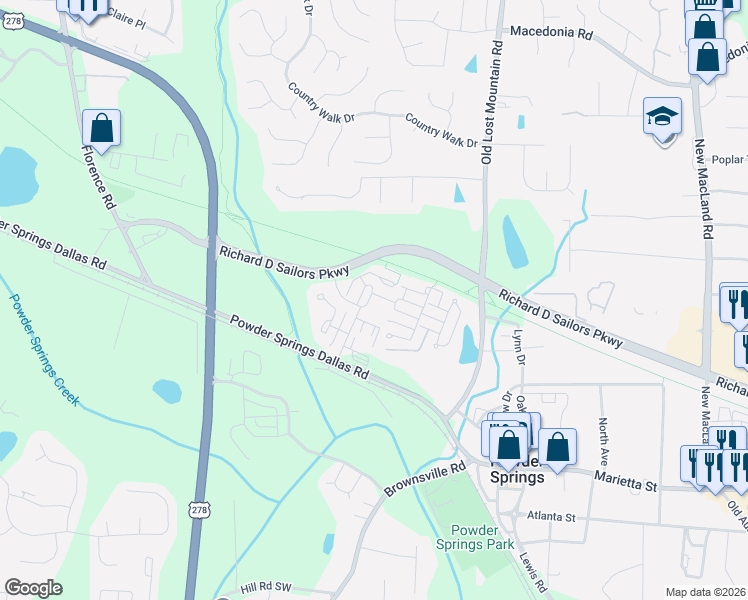 map of restaurants, bars, coffee shops, grocery stores, and more near 4547 Silver Springs Boulevard in Powder Springs