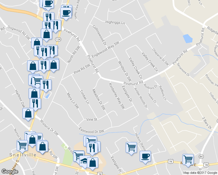 map of restaurants, bars, coffee shops, grocery stores, and more near 2221 Kimberley Way Southwest in Snellville