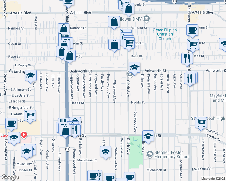map of restaurants, bars, coffee shops, grocery stores, and more near 6049 Whitewood Avenue in Lakewood