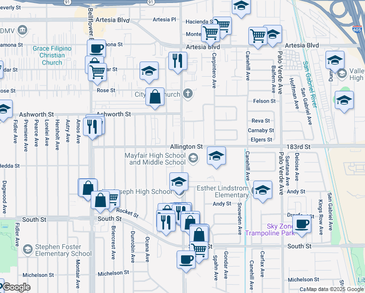 map of restaurants, bars, coffee shops, grocery stores, and more near Woodruff Avenue & Allington Street in Lakewood