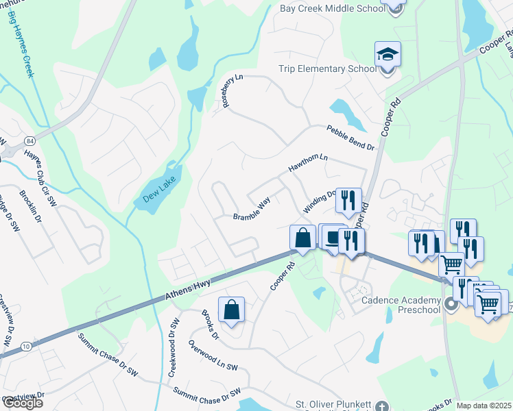 map of restaurants, bars, coffee shops, grocery stores, and more near 701 Hawthorn Lane in Grayson