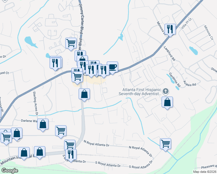 map of restaurants, bars, coffee shops, grocery stores, and more near 5097 Leeshire Trace in Tucker