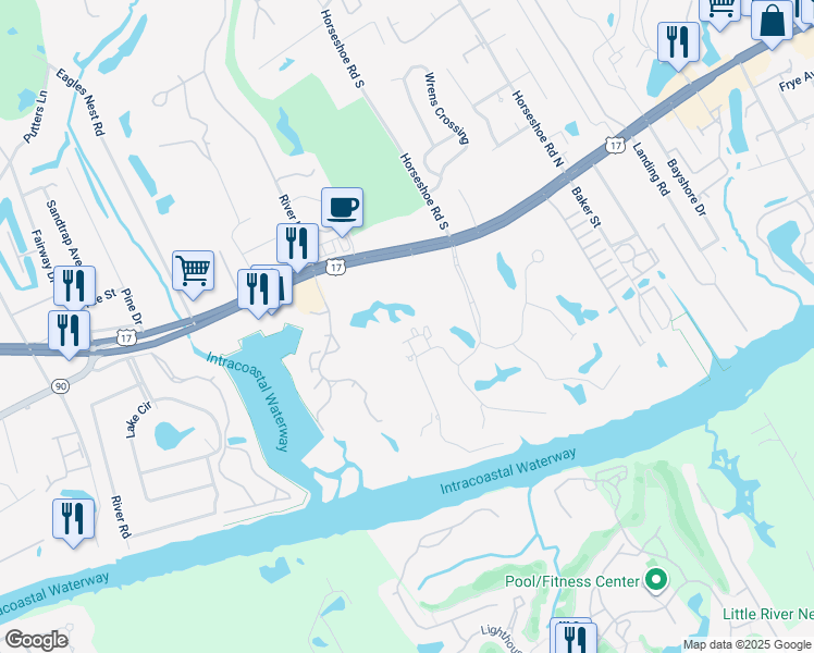 map of restaurants, bars, coffee shops, grocery stores, and more near 4528 Spyglass Drive in Little River