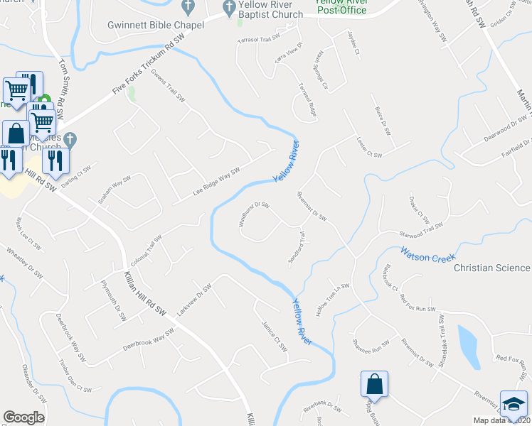 map of restaurants, bars, coffee shops, grocery stores, and more near 3790 Windhurst Drive Southwest in Lilburn