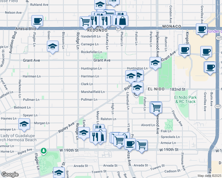 map of restaurants, bars, coffee shops, grocery stores, and more near 2405 Marshallfield Lane in Redondo Beach