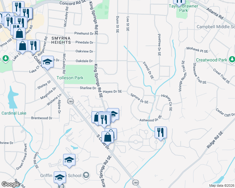 map of restaurants, bars, coffee shops, grocery stores, and more near 1314 Hayes Drive Southeast in Smyrna