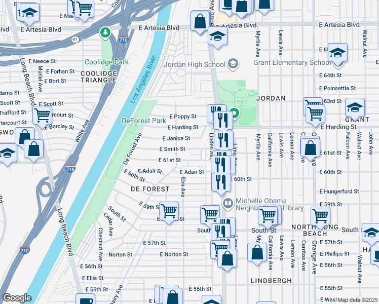 map of restaurants, bars, coffee shops, grocery stores, and more near 430 E Smith St in Long Beach