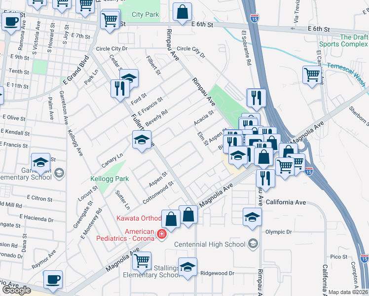 map of restaurants, bars, coffee shops, grocery stores, and more near 979 Redwood Court in Corona