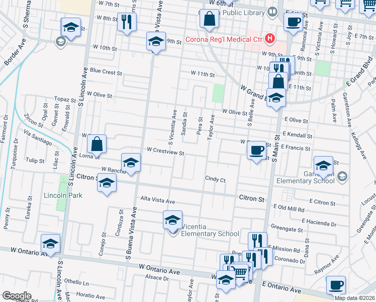 map of restaurants, bars, coffee shops, grocery stores, and more near 733 West Crestview Street in Corona