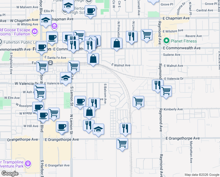 map of restaurants, bars, coffee shops, grocery stores, and more near 525 South Balcom Avenue in Fullerton