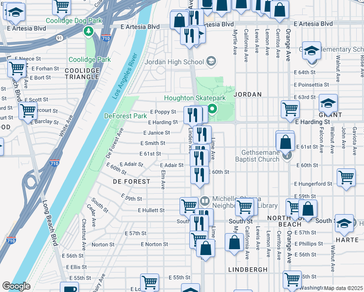 map of restaurants, bars, coffee shops, grocery stores, and more near 6113 Linden Avenue in Long Beach